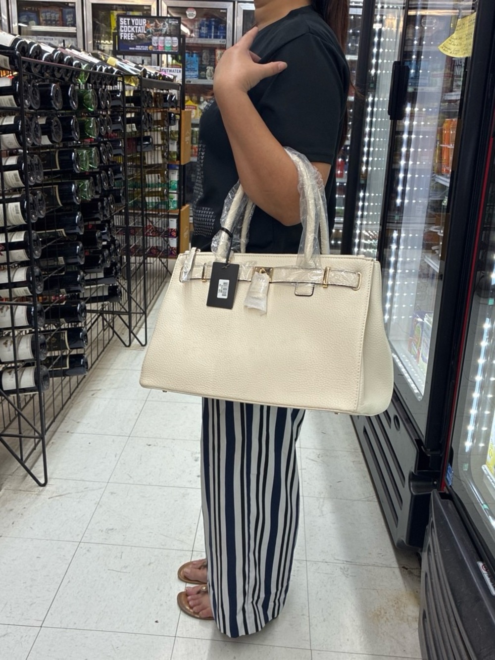 Structured Cream Shoulder Tote Bag with Gold-Tone Details